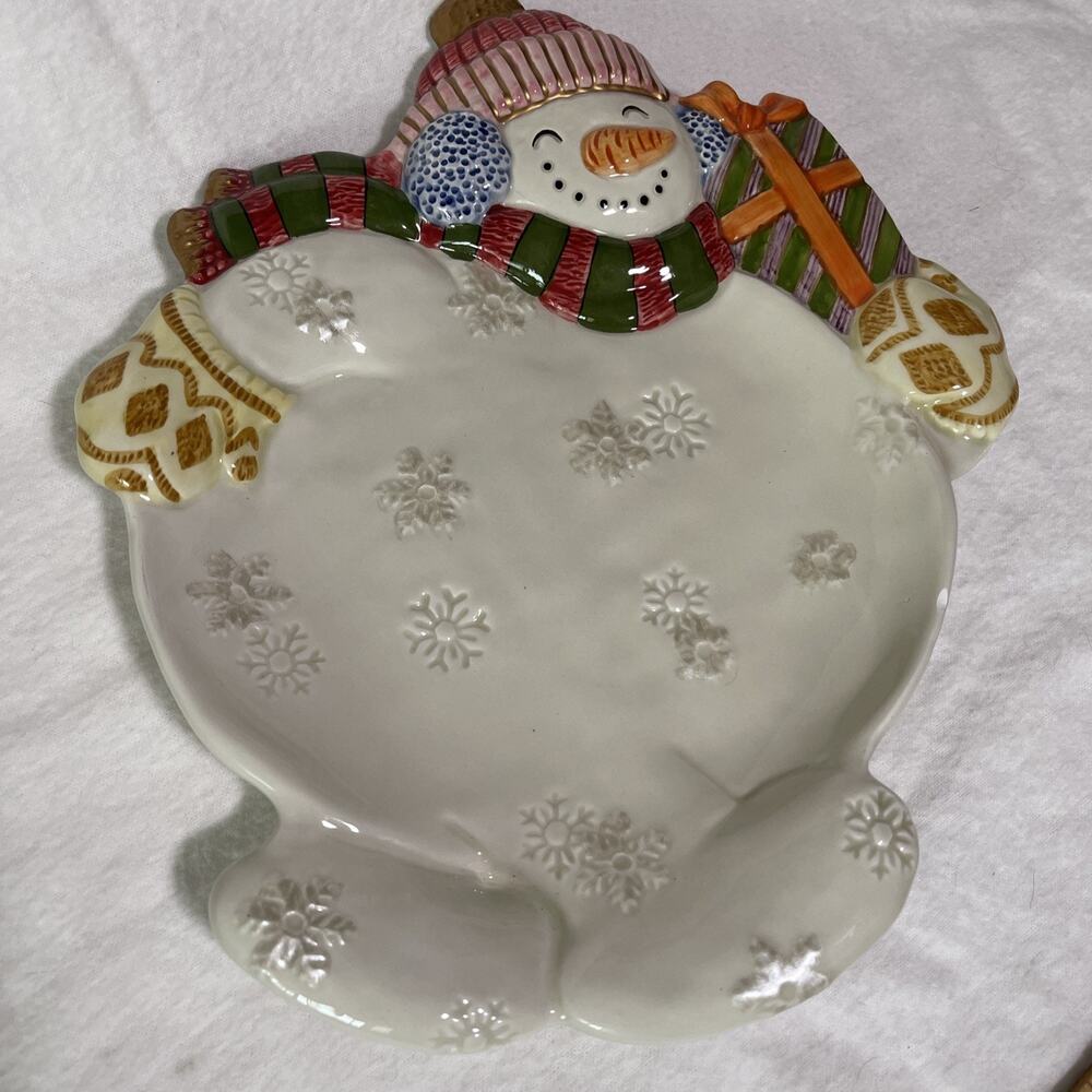 Vintage 1995 Fitz & Floyd Snowman Ceramic Christmas Holiday Platter Tray Plate